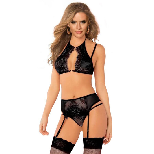 QUEEN LINGERIE - ENSEMBLE SOUTIEN-GORGE + PORTE-JARRETELLES ET STRING TAILLE L/XL
